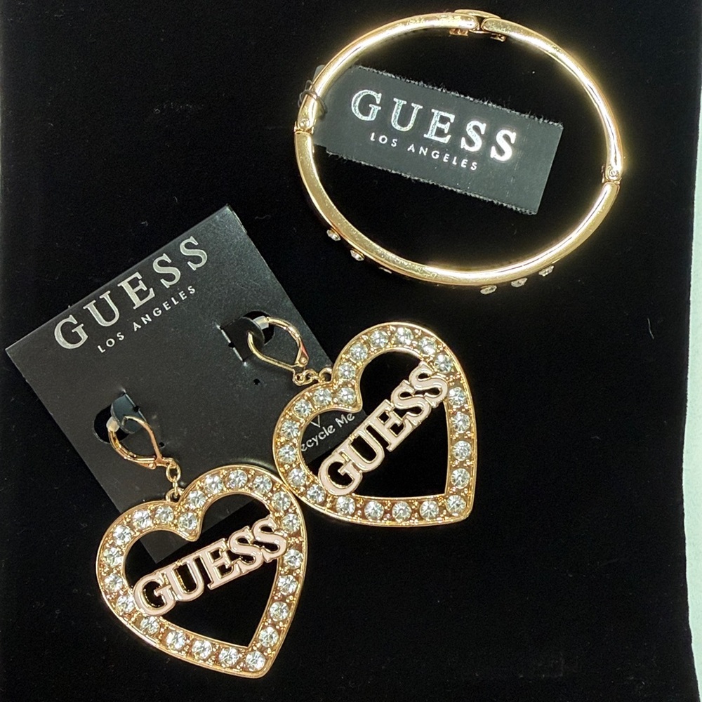 GUESS Gold and Silver Heart Earrings and bracelet set
